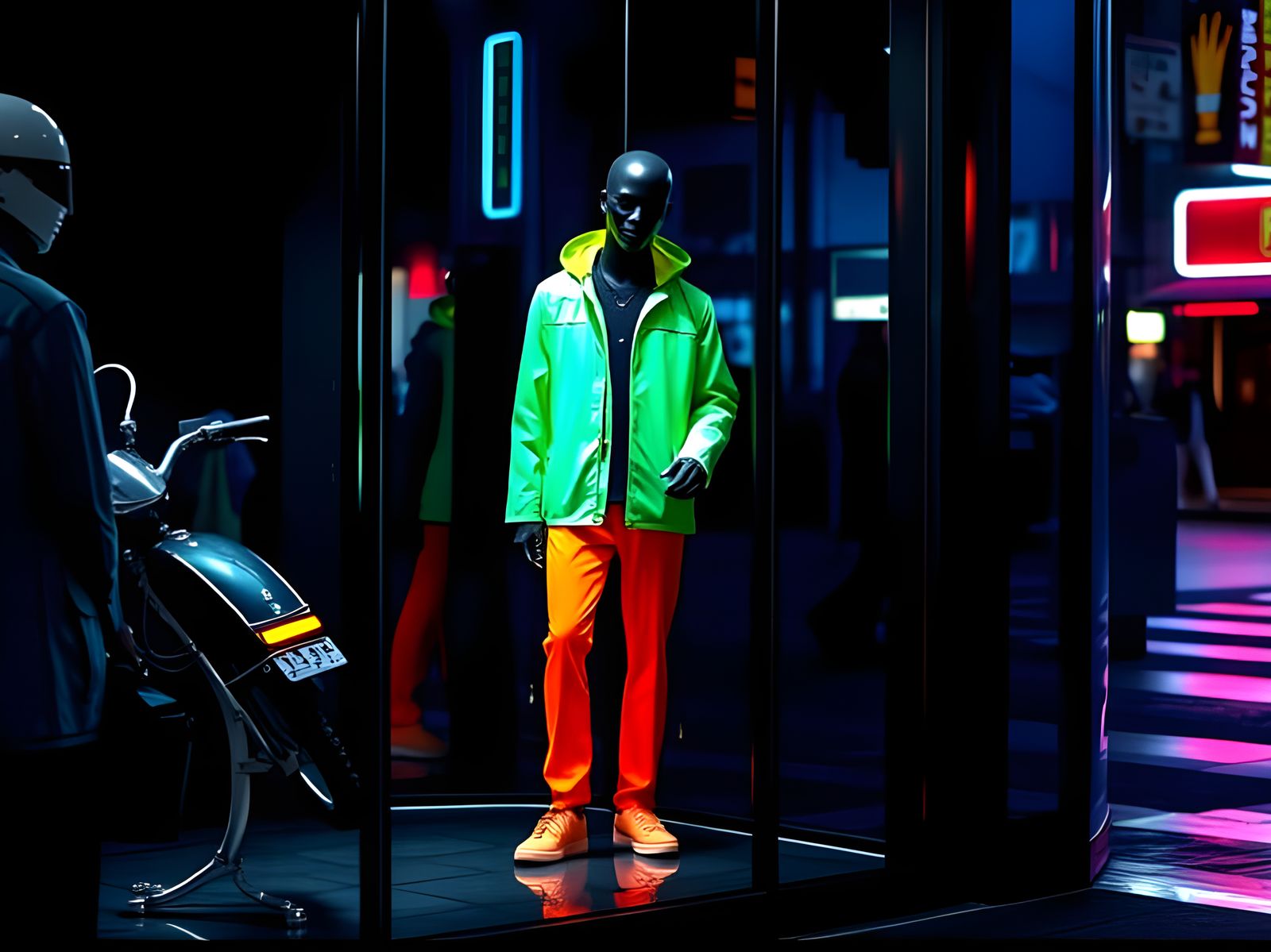 Mannequin in Neon Outfit at Night