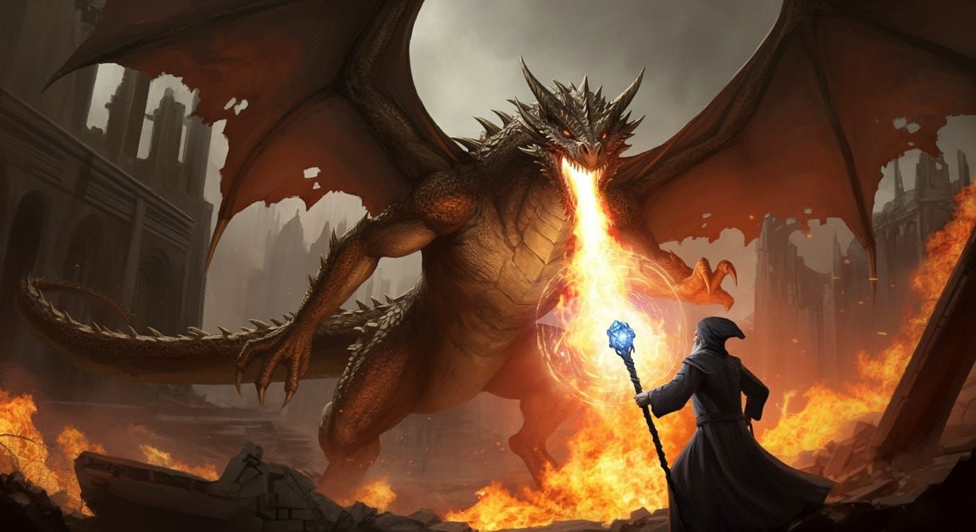 Epic Dragon Battles Wizard in Ruined City, Realistic Art