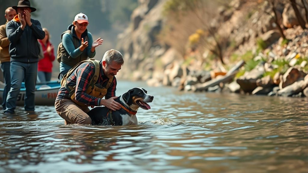 A man rescuing a Dog from the River after it fell in, people...