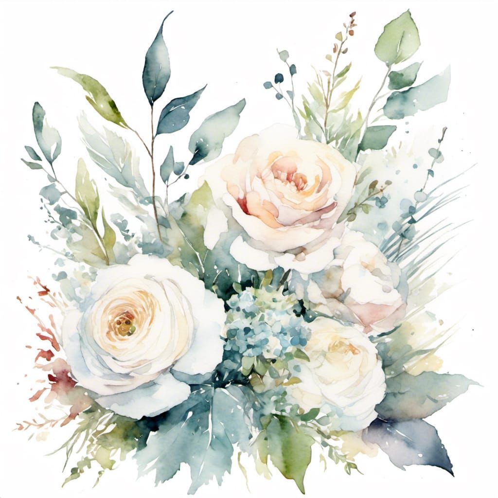 Vibrant Watercolor Floral Arrangement with Roses and Hydrang...