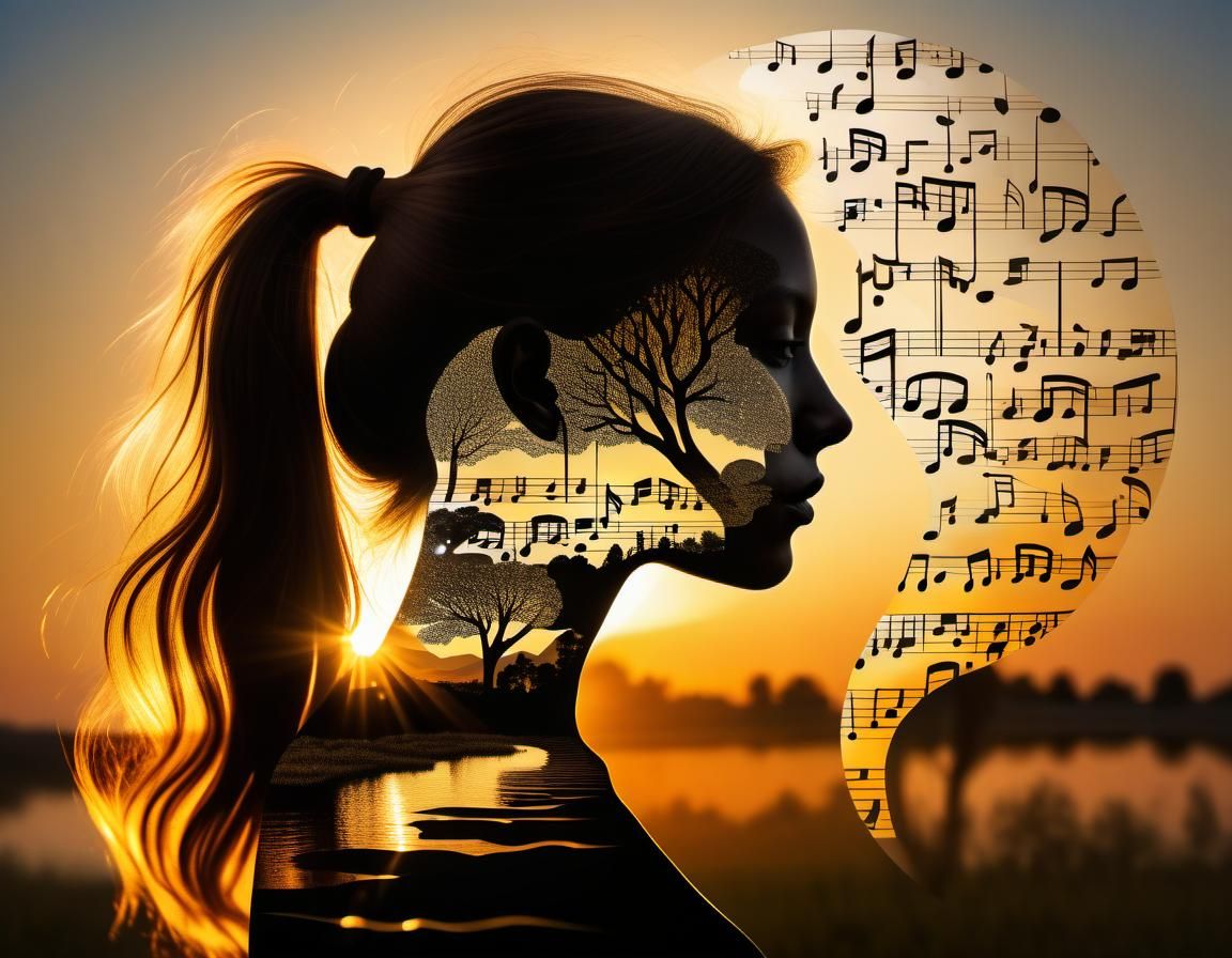 Golden Hour Silhouette with Flowing Notes
