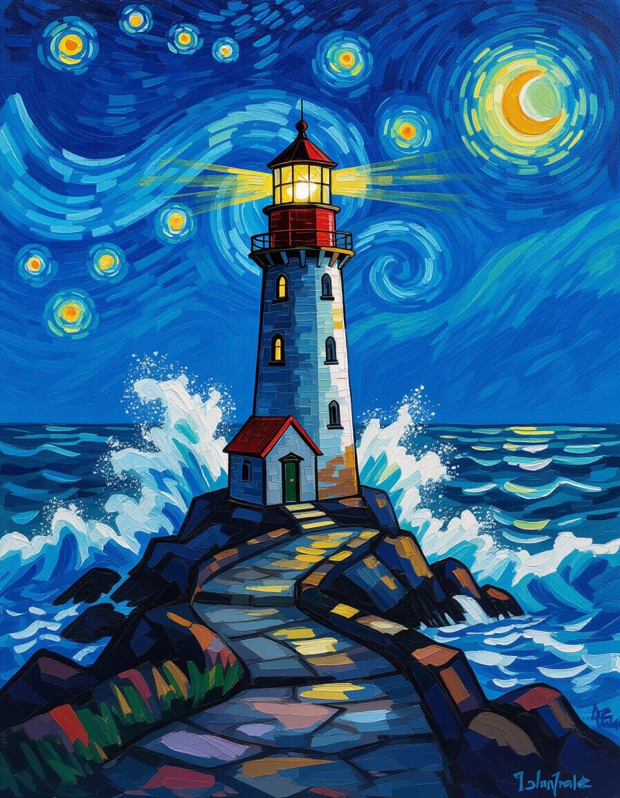 Van Gogh Style Lighthouse in Raging Storm
