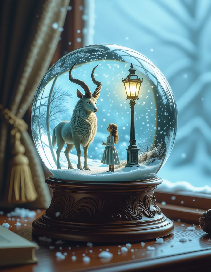 Faun and Girl by Lamppost in Snowglobe