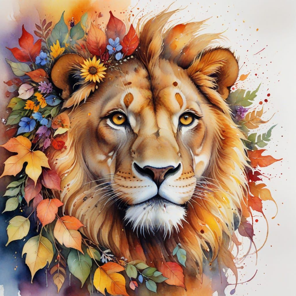 Whimsical Watercolor Lion in Autumn Wreath
