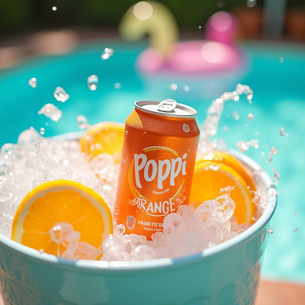Refreshing Poppi Orange Soda Ad on a Sunny Poolside