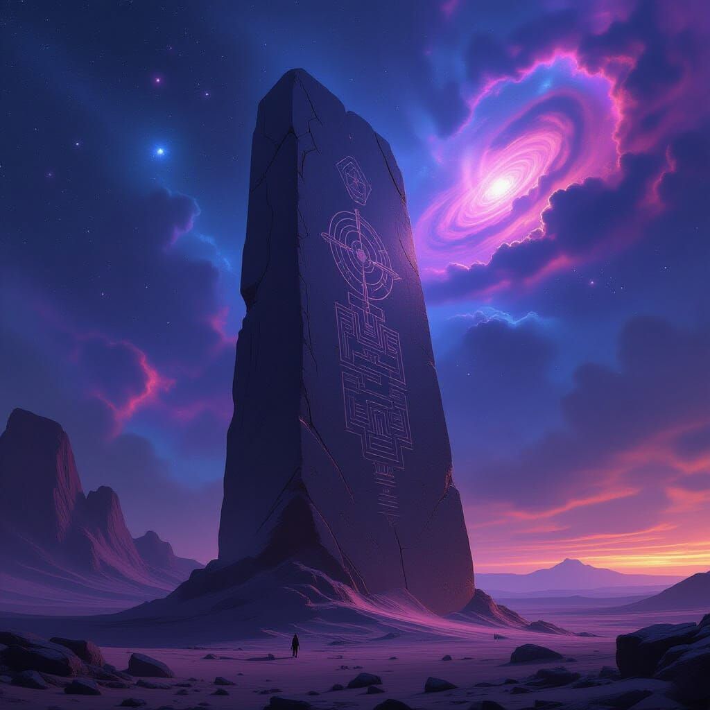Ancient Monolith on Alien Planet Under Nebula