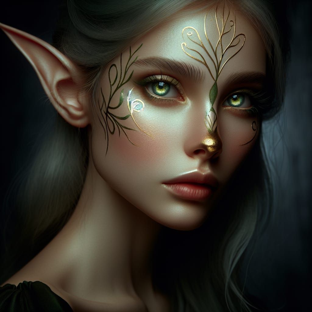 Ethereal Elf with Green Eyes in Surreal Style