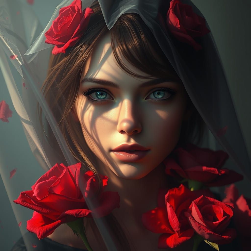 Veil of Roses: Ethereal Portrait in Triadic Colors