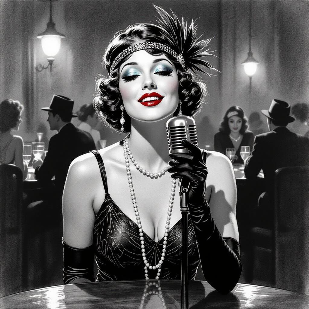 1920s Speakeasy Singer in Detailed Charcoal Drawing