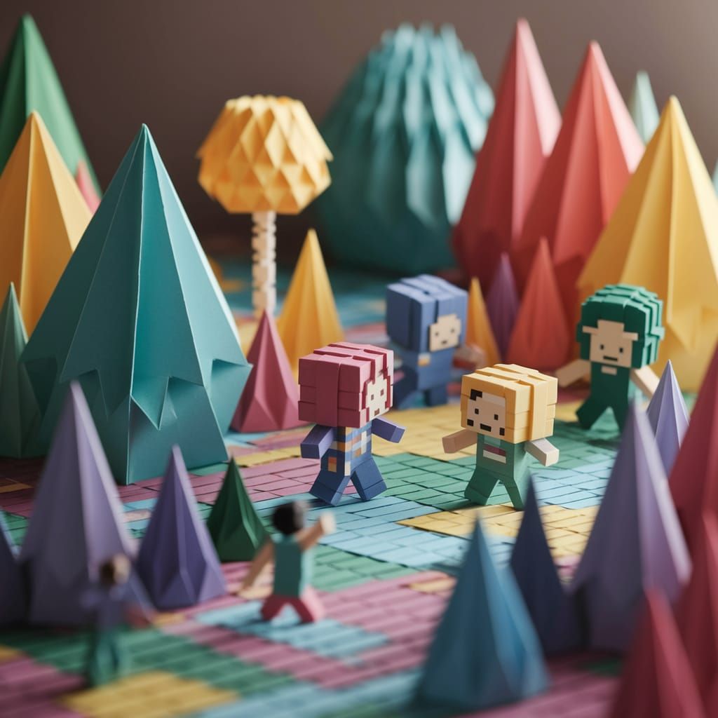 Origami Papercraft 16-bit Adventure Game Scene