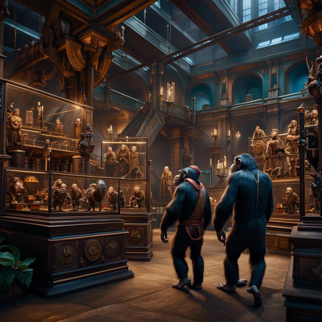 Chimpanzees Gaze at Human Inventions: Detailed Matte Paintin...