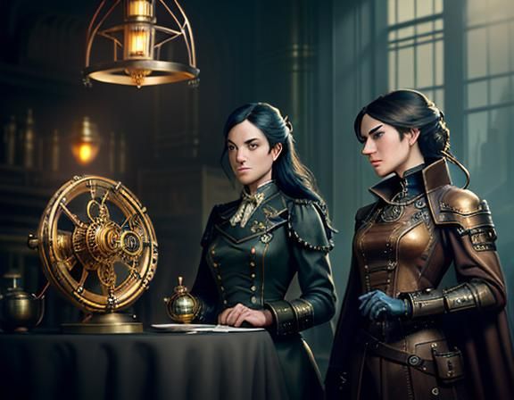 Steampunk Women in Time Machine: Cinematic Digital Art