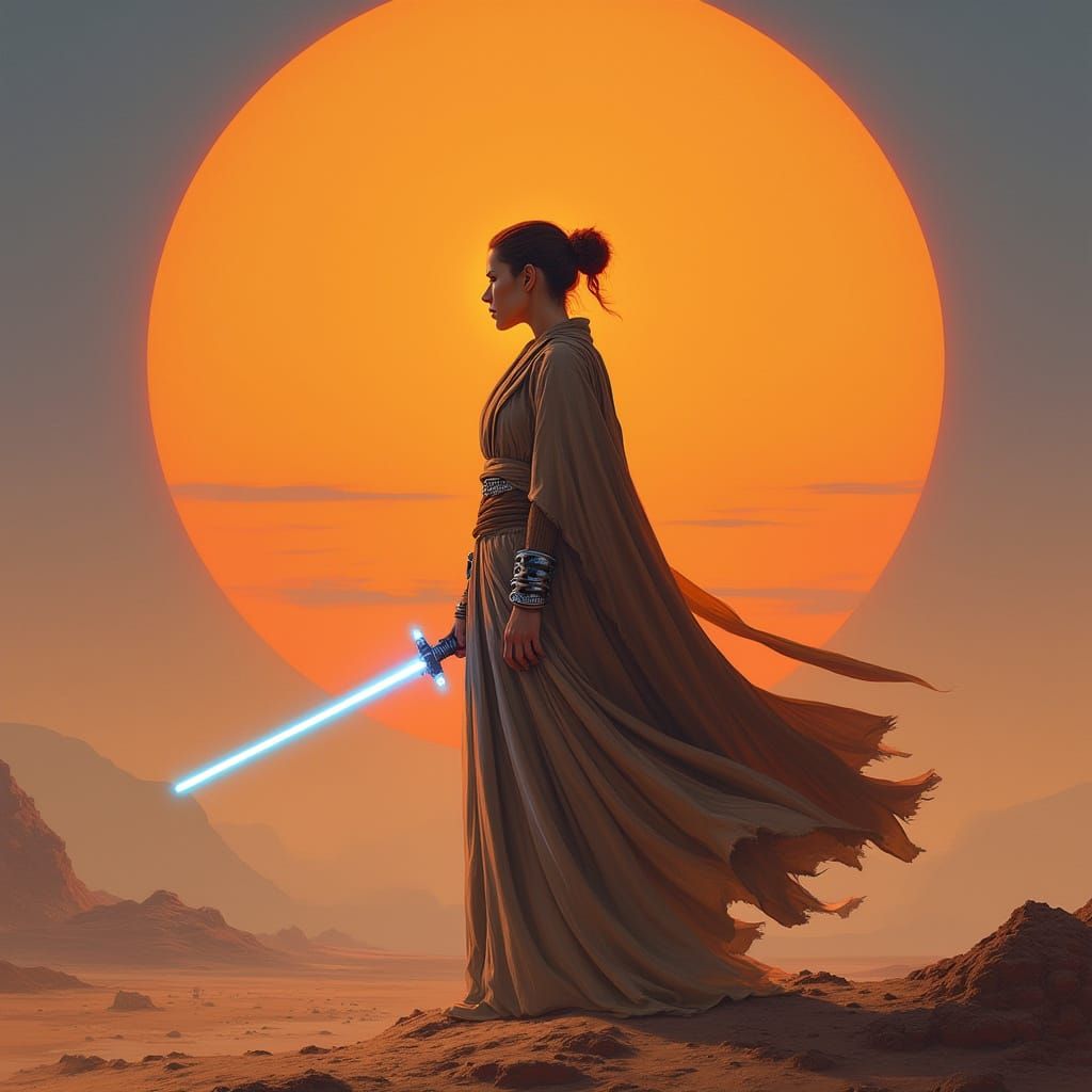 Surreal Star Wars Scene with a Female Jedi in Flowing Robes