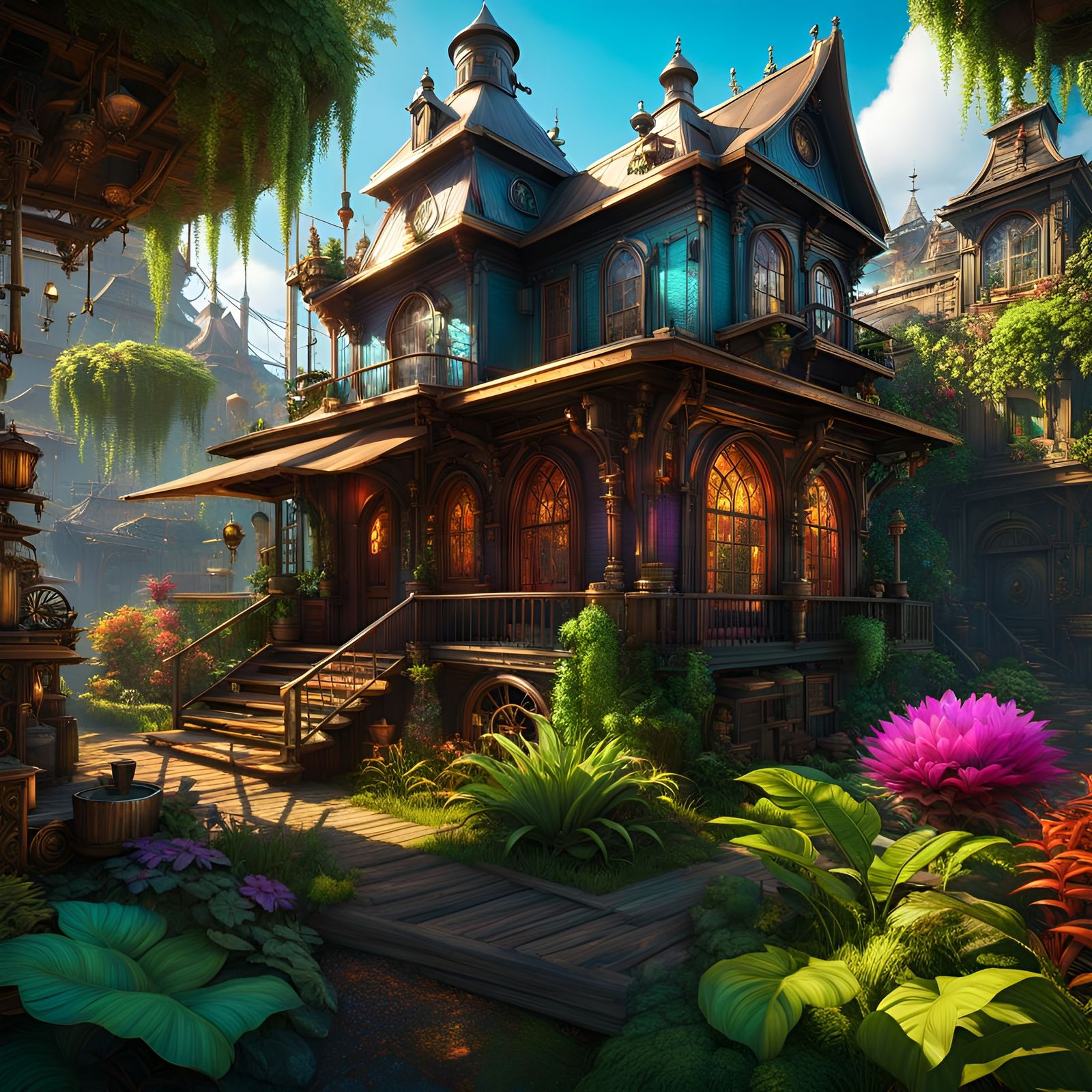 Steampunk Dwelling in Exotic Village: Hyperrealistic Art