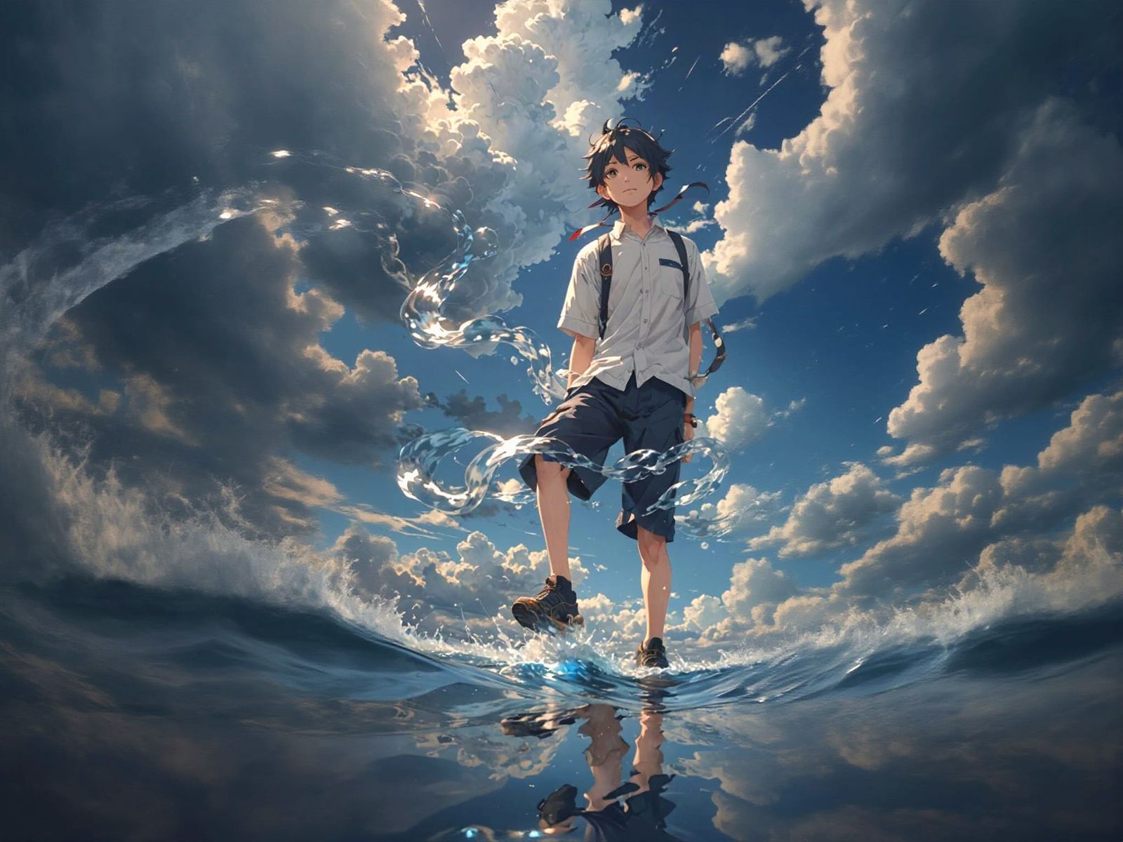 Anime Water Spirit Under Dark Blue Sky