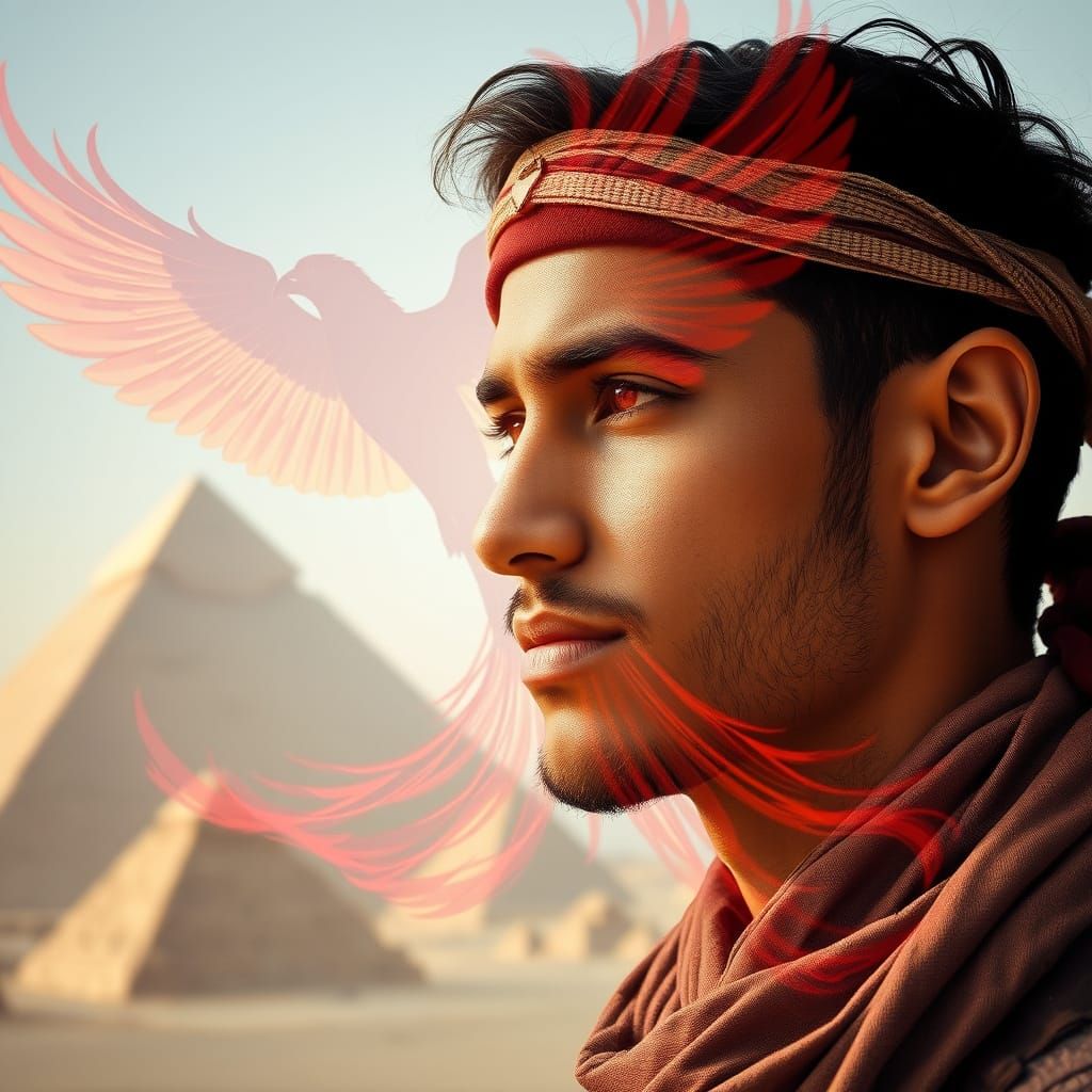 Ethereal Modern Egyptian Man Against Fiery Phoenix and Pyram...