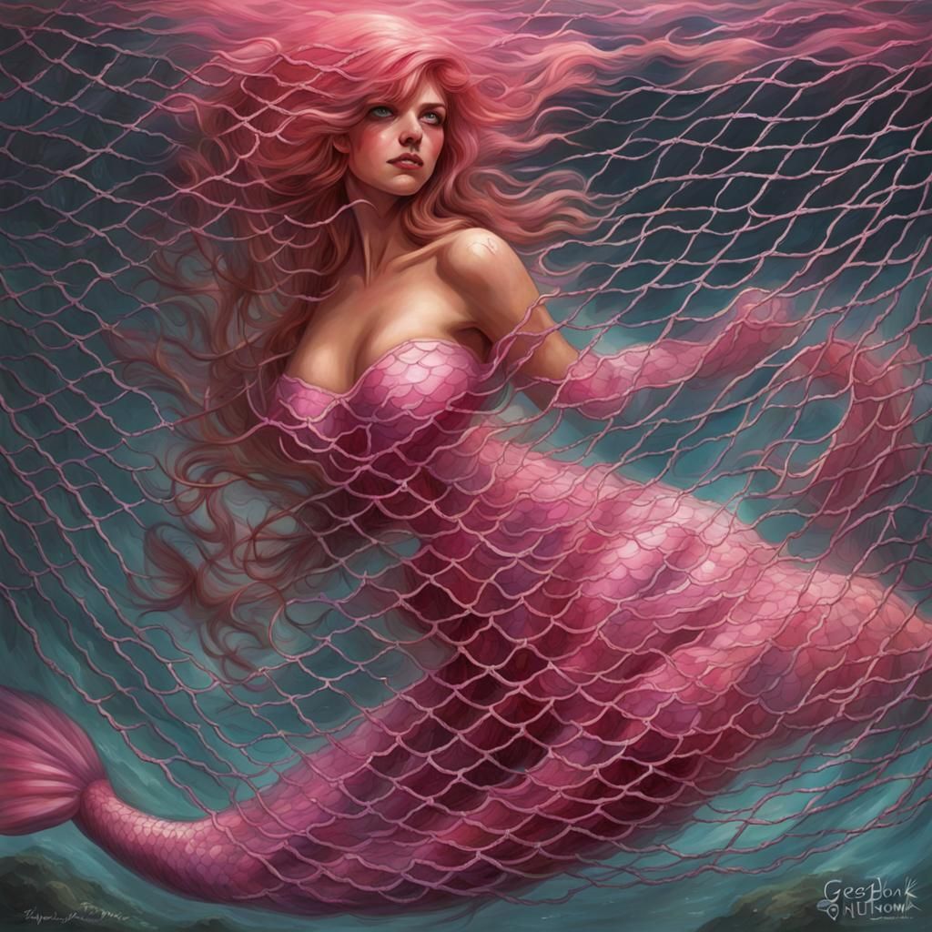 Pink Mermaid Entangled: Sinister Greg Rutkowski Style