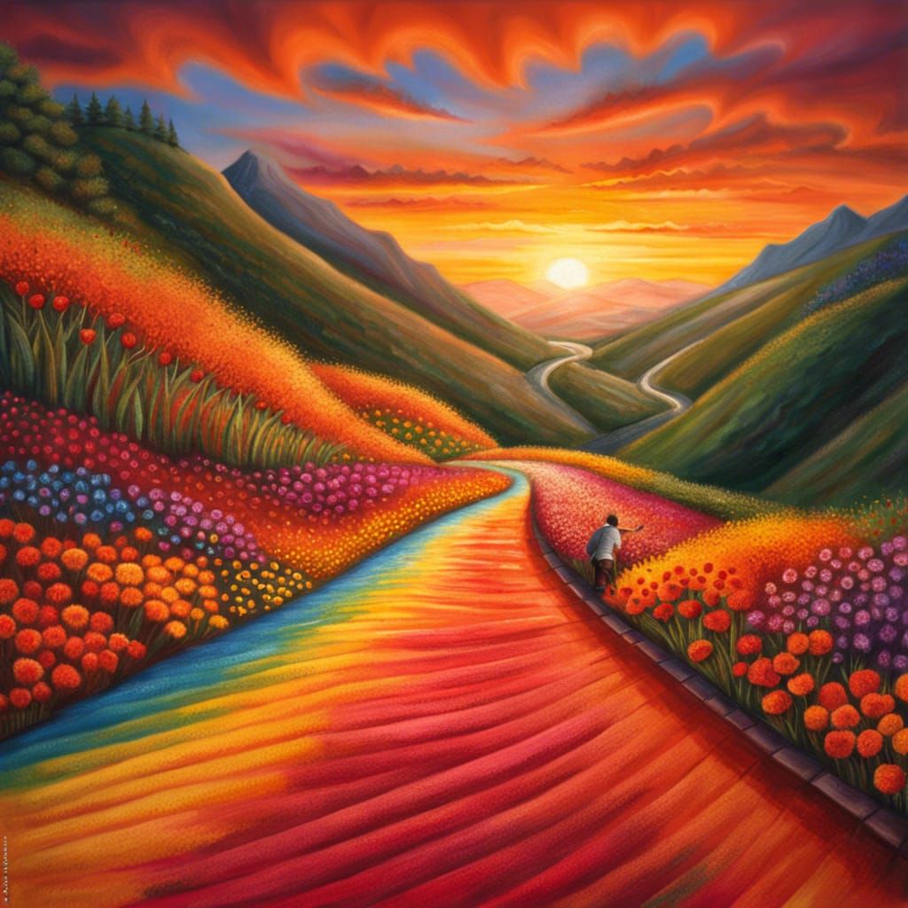 Colorful Chalk Art of Mountain Avenue at Sunset