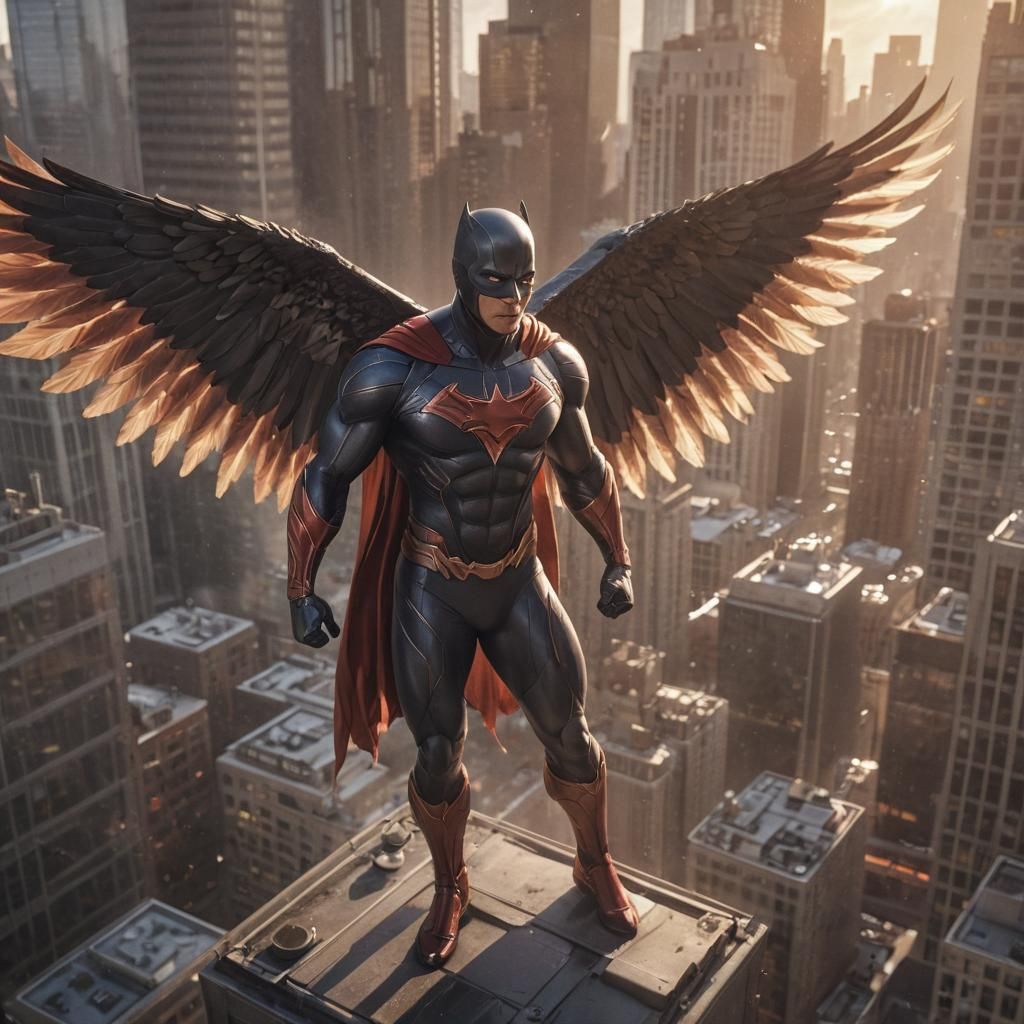 Winged Superhero Stands on Skyscraper in Digital Art
