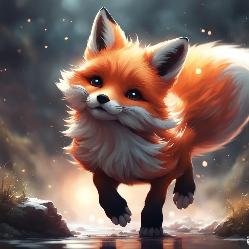 Charming Chibi Fox Leaping: Digital Art Masterpiece