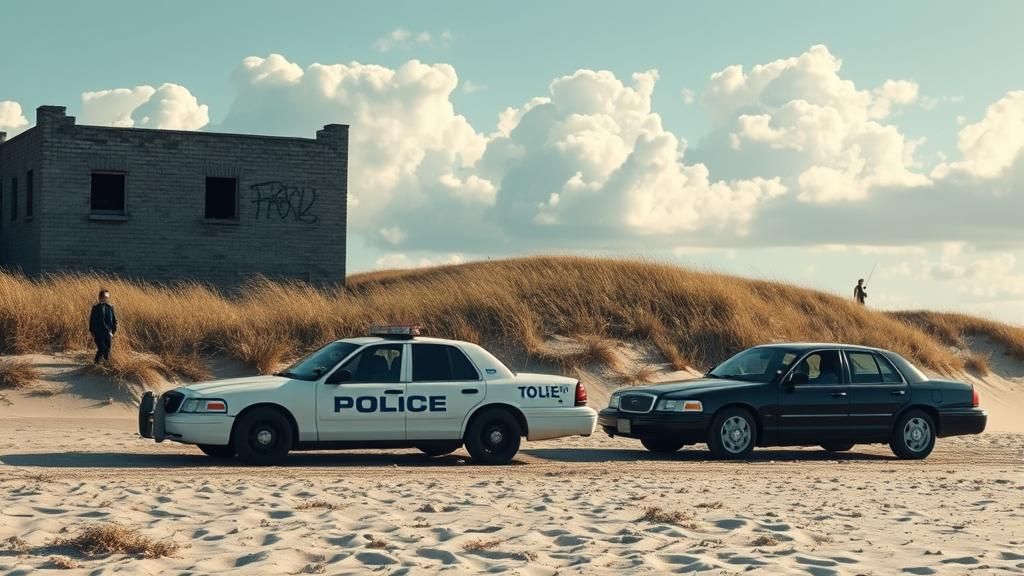 Serene Movie Still: Beachside Scene with Police Presence
