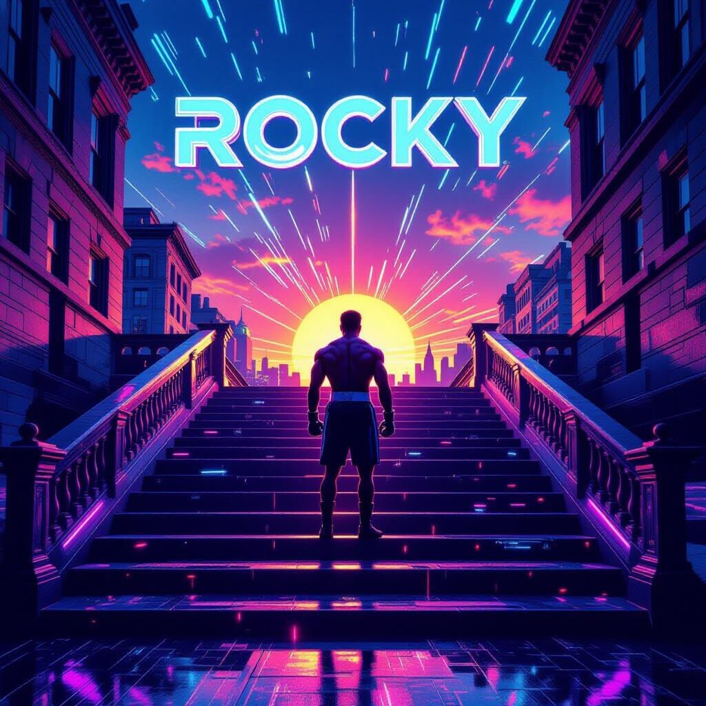 Futuristic Rocky Movie Poster on Philadelphia Steps