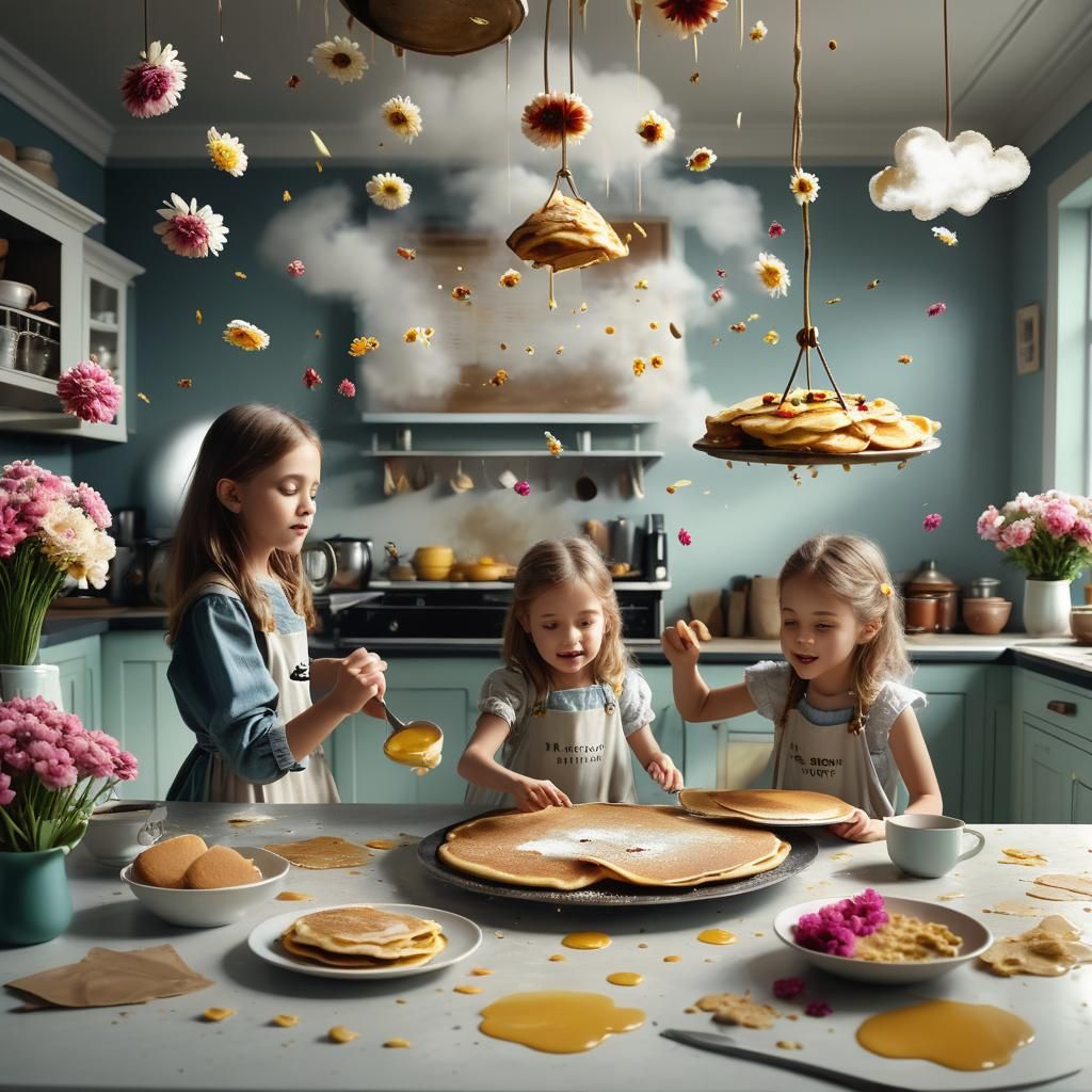 Girls Making Pancakes with Flying Flowers