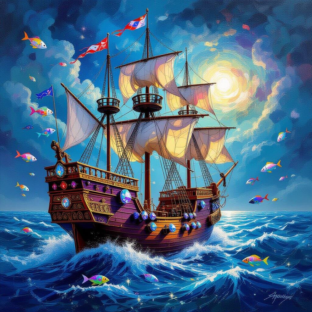 Baroque Galleon Sails a Kaleidoscopic Sea