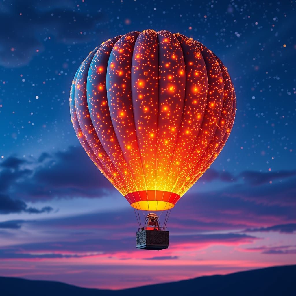 Firefly Hot Air Balloon Against Night Sky: 3D Digital Art