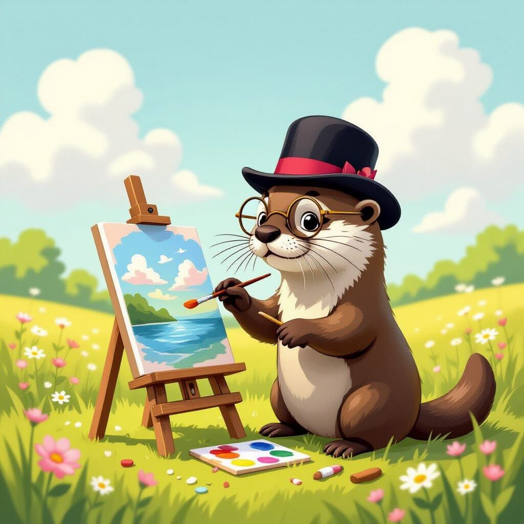 Whimsical Otter Painter in Storybook Style