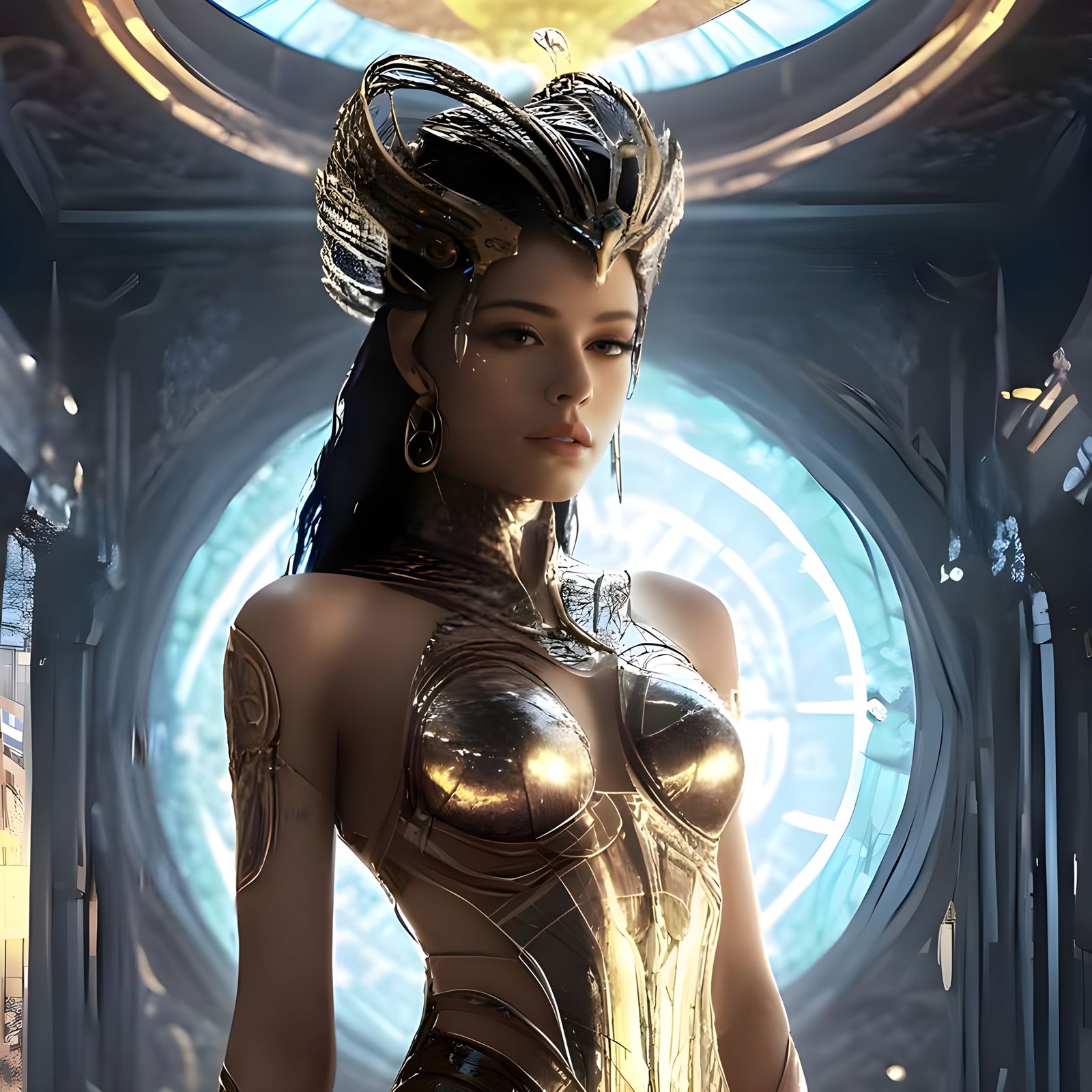 Cyberpunk Sorceress in Glowing Crystal Chamber