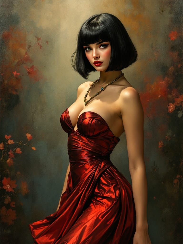 Pin-Up Woman in Metallic Red Dress, Atmospheric Art Style