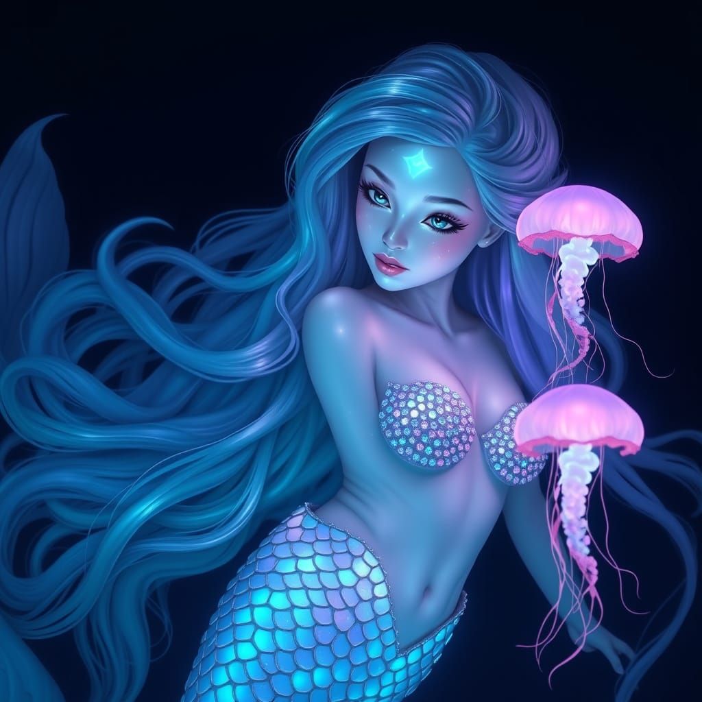Bioluminescent Mermaid in Dreamlike Ocean Scene