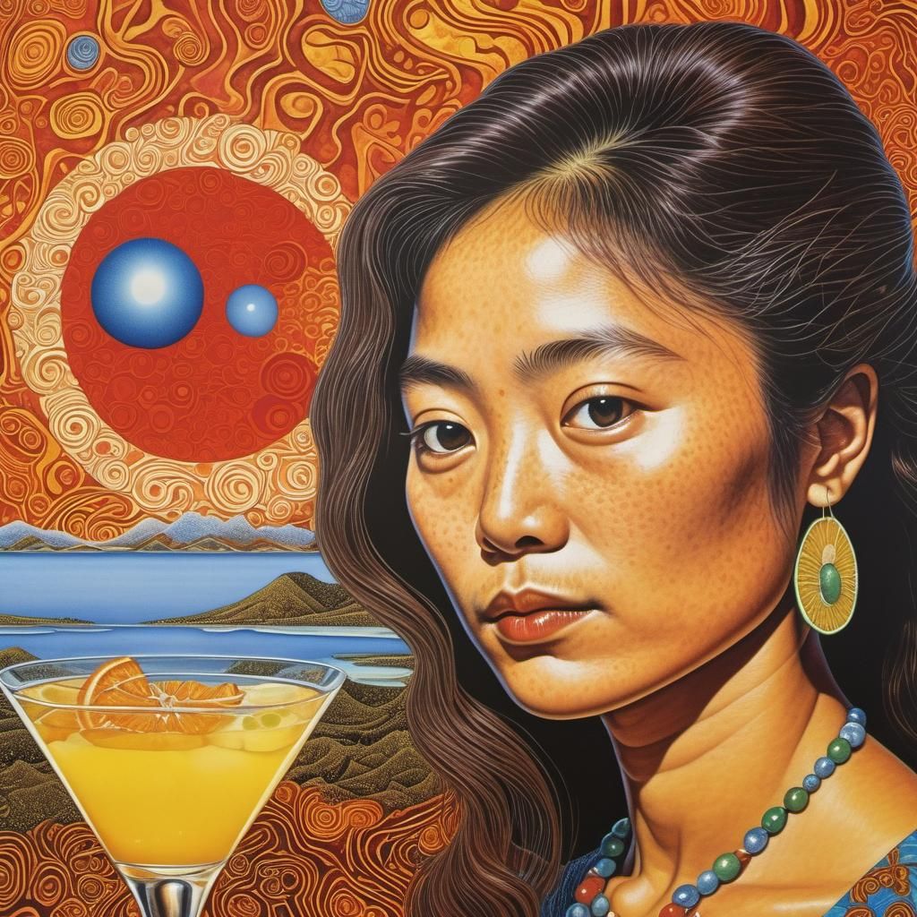 Young Woman Drinking Cocktail in Klarwein Style