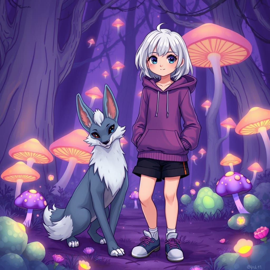 Girl with White Hair in Vibrant Enchanted Forest with Magica...