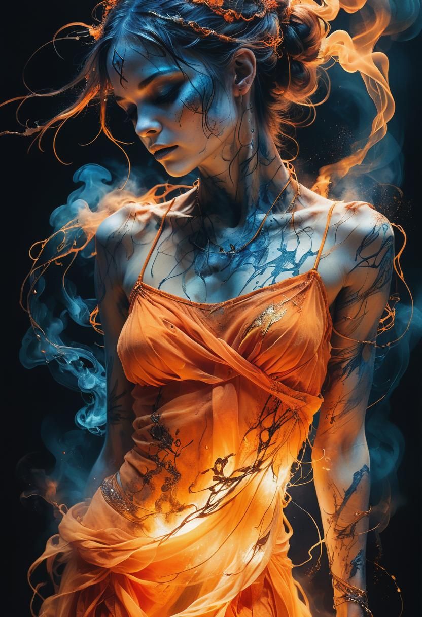 Dancer in Orange Mist: Dark Fantasy Illustration