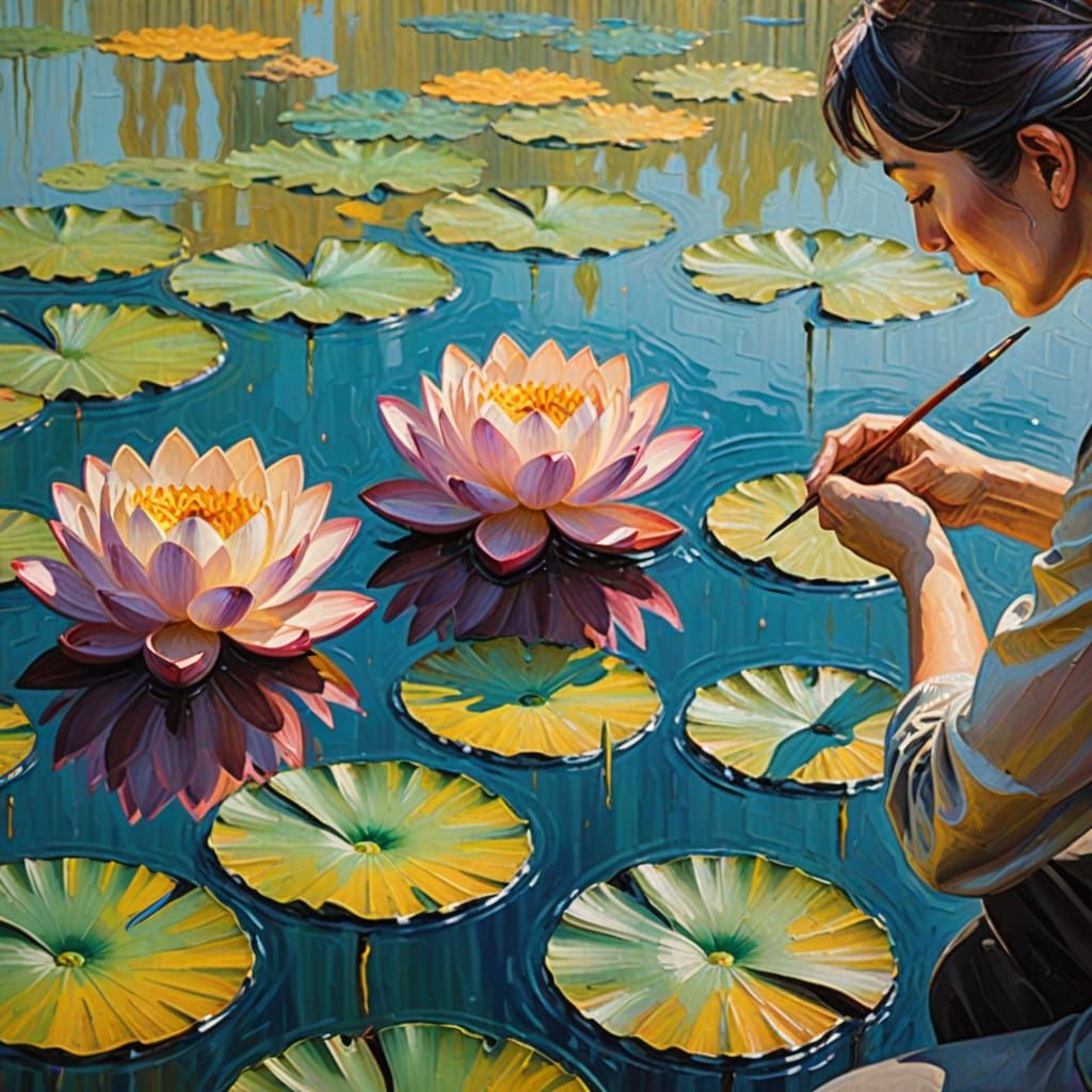 A Lotus Blooms in Soft Golden Light, Captured in Impasto Bru...