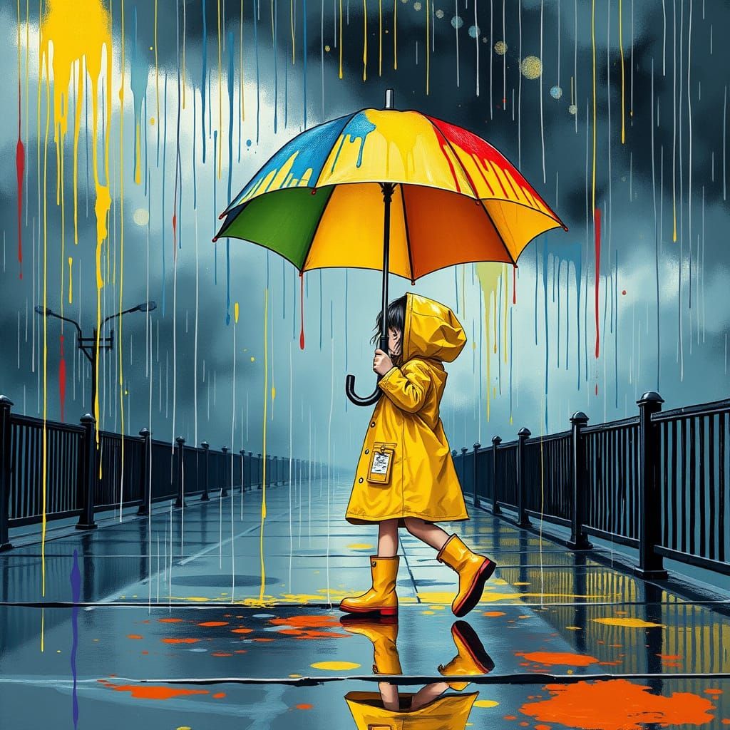Vibrant Girl in Rainy Street Scene with Dripping Paint Umbre...