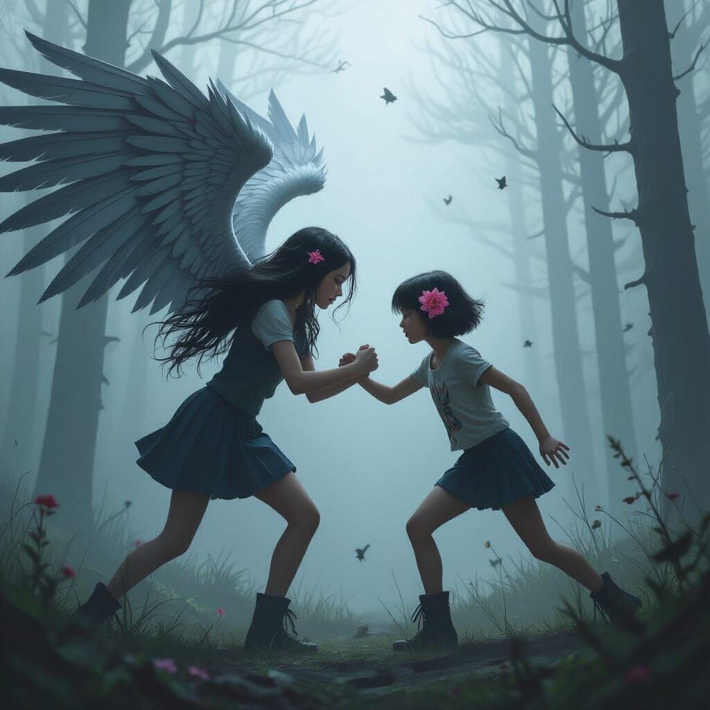 Epic Forest Battle with Winged Warrior, Dramatic Lighting