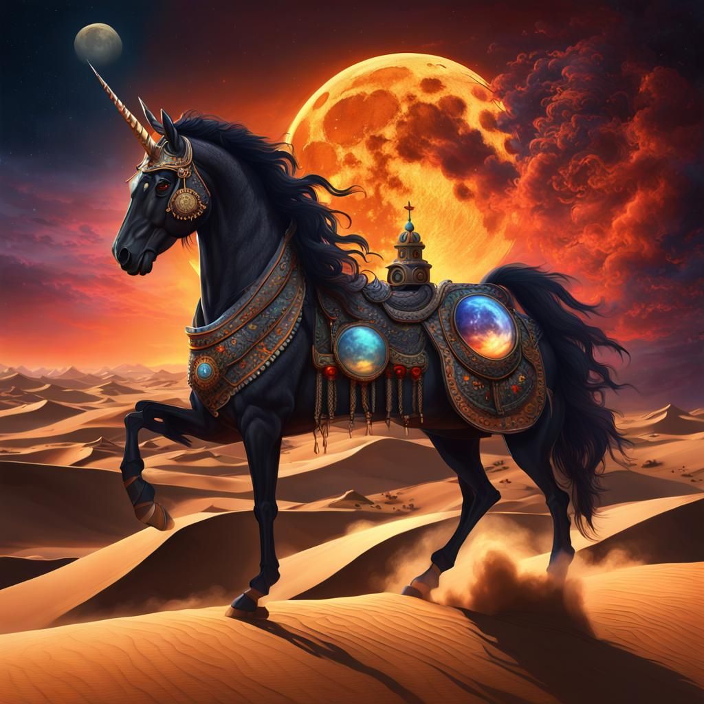 Cosmic Unicorn Horse with Palace in Surreal Landscape
