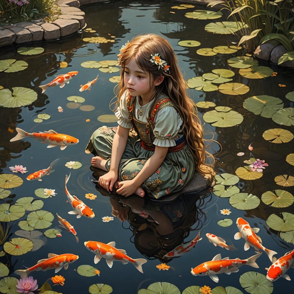 Girl Gazing at Koi Pond, Art Nouveau Style