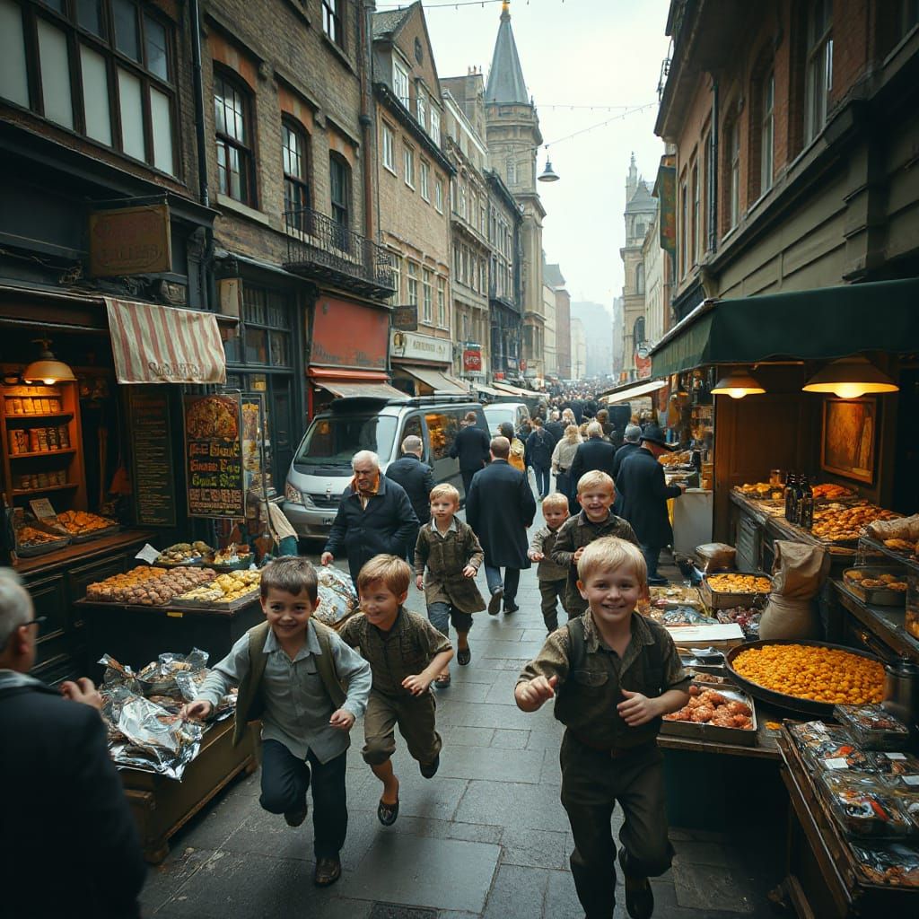 Victorian London Street Market in Impressionist Style
