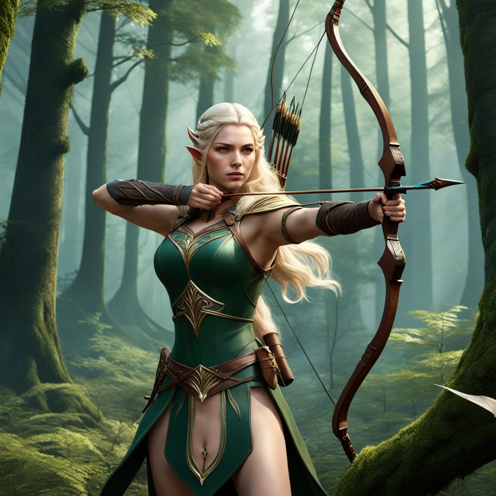 Elven Archer in Forest: Detailed Matte Painting