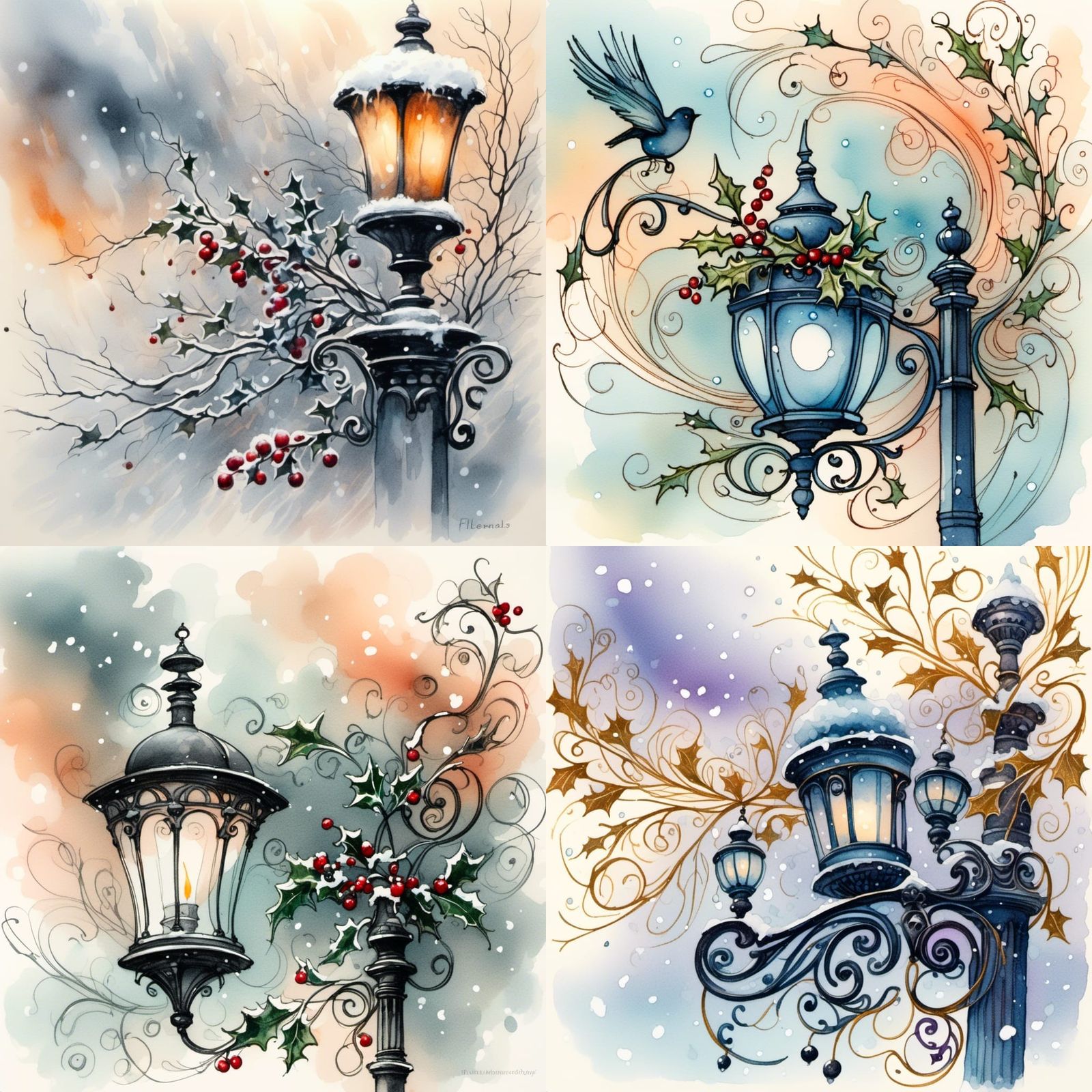 Victorian Lamppost in Winter Blizzard: Charcoal Gouache Art