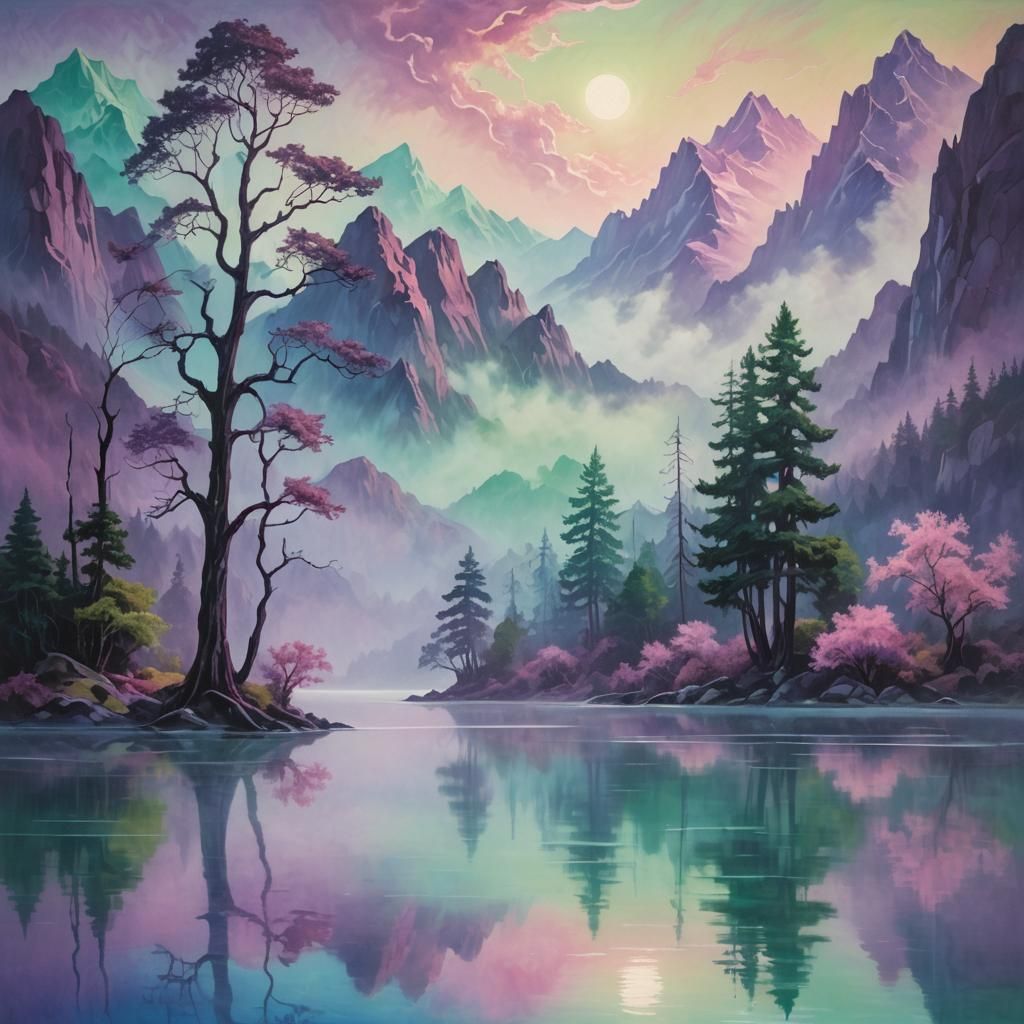 Dreamlike Surreal Landscape Painting with Bioluminescent Tre...