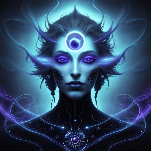 Surreal Third Eye in Neon Fractals and Swirling Mist