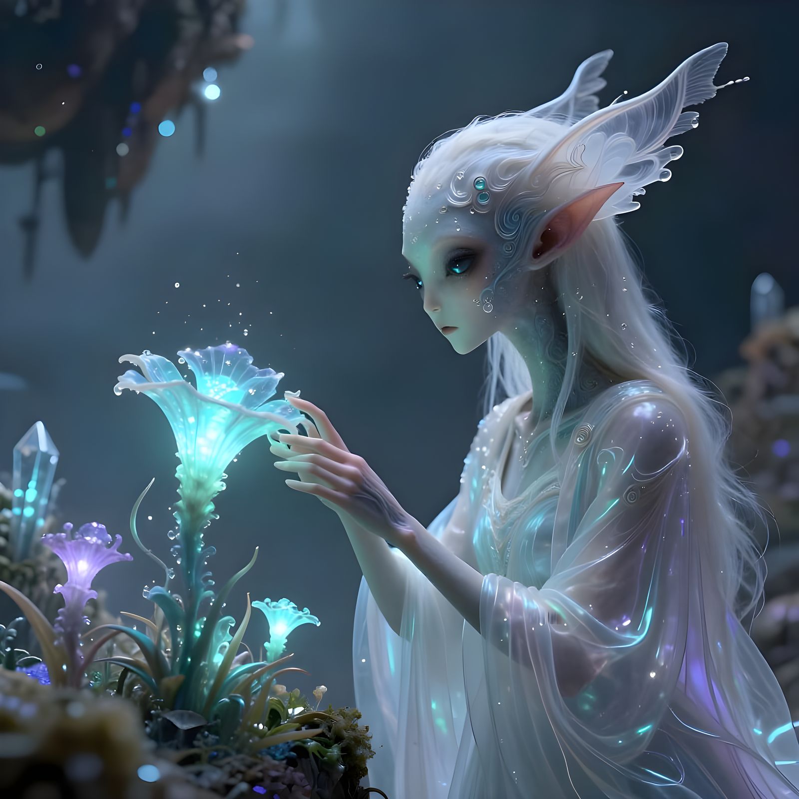 Ethereal Alien Botanist Tending Bioluminescent Flora