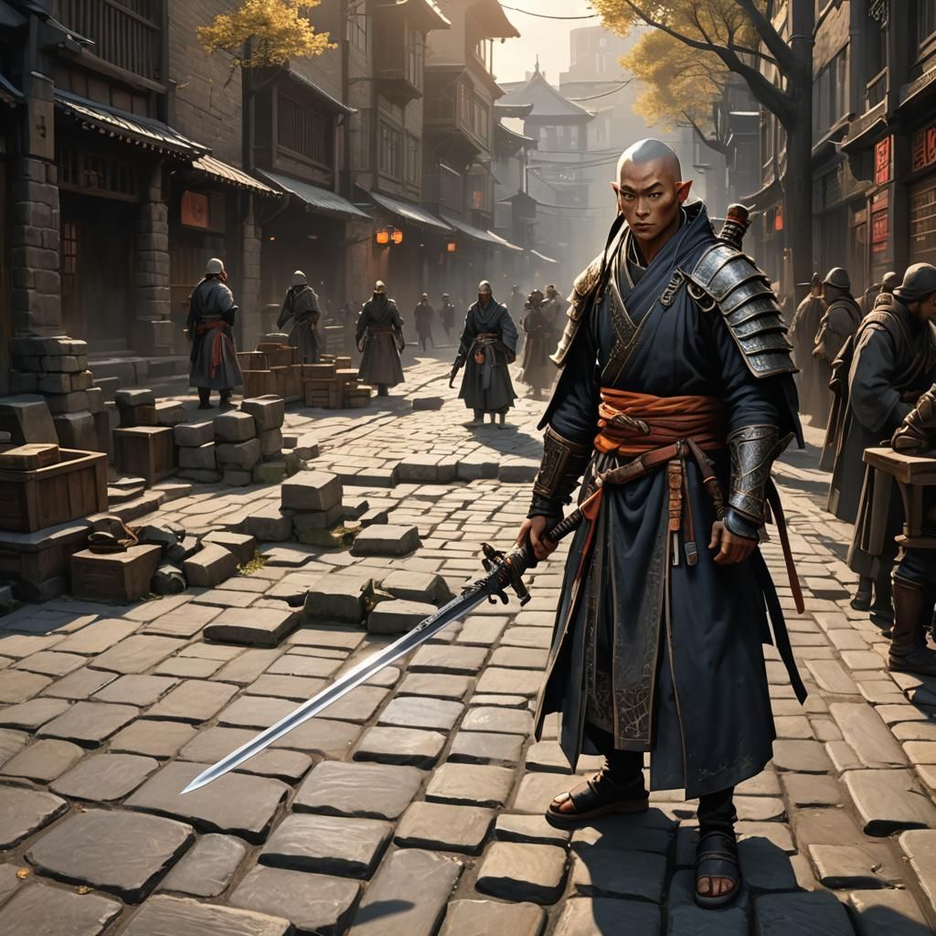 Kensei Monk Battles Foes in Medieval City Square