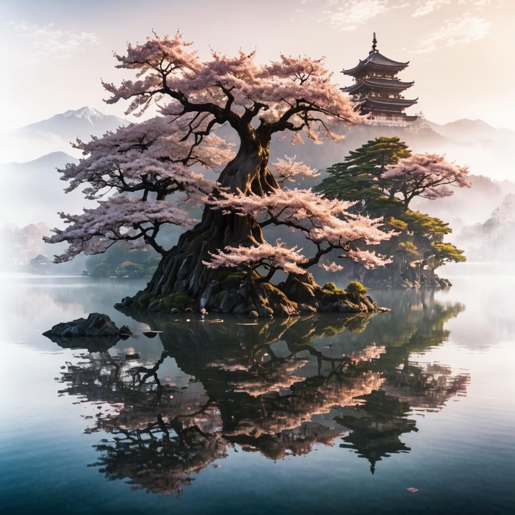 Sakura Tree by Lake: Baroque Landscape in Warm Light