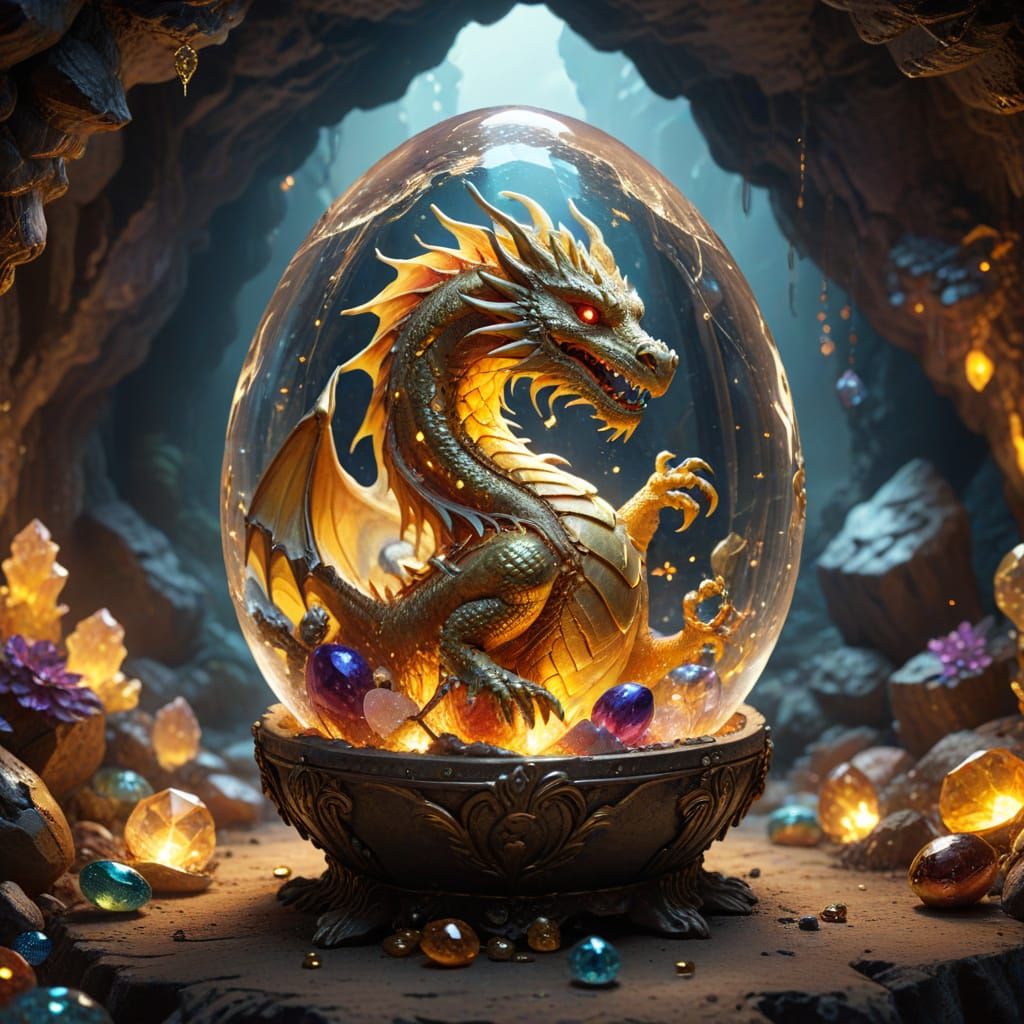 Golden Dragon in Crystal Egg, Surrounded by Ancient Treasure...